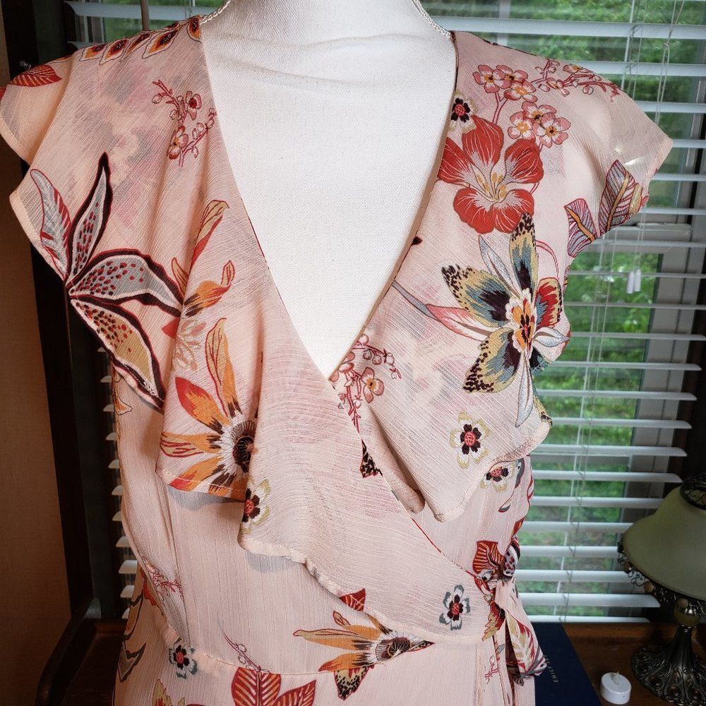 Pretty Sanctuary Pink Floral Ruffle Surplice Wrap Midi Dress M medium S Jolynn